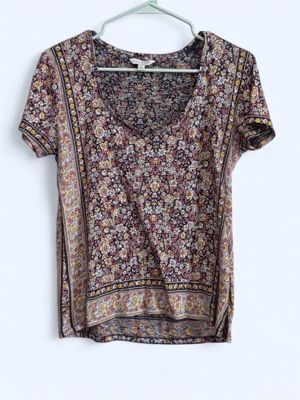 Lucky Brand Navy Multi Floral Border Short Sleeve Tee